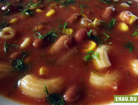 Рецепт - томатный суп с фасолью и кукурузой. Очень вкусно!