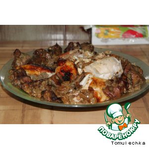 Курица, фаршированная печенью, грибами и луком со вкусом цитрусовых